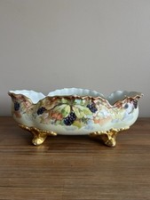 Antique German Hand Painted Gold Gilt Oval Bowl Bavaria Foot Floral Porcelain