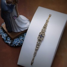 Bracelet Doré Antique Art Deco Réctangle Strass Bleu Vintage Style Mariage QD32