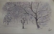 Aquarelle originale signée  paysage "Parc sous la neige"