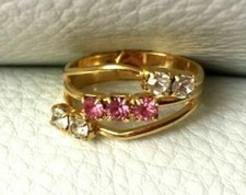 Vintage BAGUE NEUVE doré & strass ROSE réglable Ring ajustable Pink & Gold 