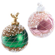 Boule de Noël en Verre 10 cm Rose Vert Perles Porcelaine Cerf Cygne Cadeau Noel