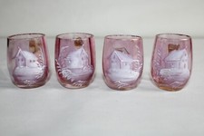 4 Antique Enameled Glass Liquor Glasses, Pink House Landscape, H. 4.5 cm