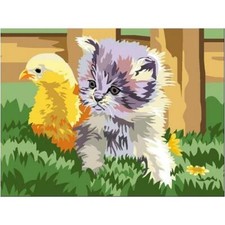Kit canevas chat + poussin toile coton + aiguille + fils enfants broderie  