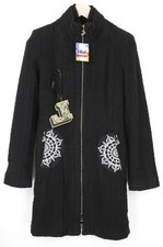 Desigual L'Adoration Manteau Femme 38 Noir Laine Mélange Coton Brodé Poche
