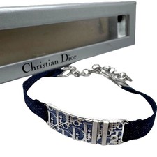 Christian Dior Trotter Bracelet Denim Canvas Bangle Logo Hardware Auth Excellent