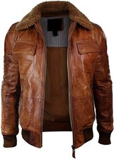 Blouson bombardier vintage pour homme col fourrure véritable veste en cuir...