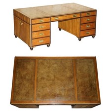 EXQUISITE EXTRA LARGE DOUBLE SIDED MILITARY CAMPAIGN TWIN PEDESTAL PARTNER DESK