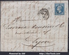 FRANCE N°22 SUR LETTRE PC DES GC 4077 VALENCE SUR RHONE DROME CAD DU 14/01/1863
