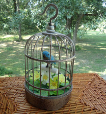 VTG Motion Sensor Singing Blue Bird Cage Lighted Flowers Whimsy Nature Animal