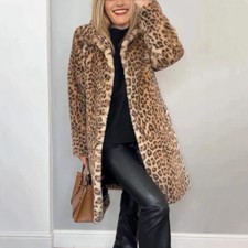 Women's 2025 Fashion Leopard Faux Fur Stand Collar Casual Long Coat Jacket 