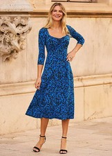 Robe Midi À Encolure Sweetheart En Imprimé Léopard Bleu Et Noir (FMN6-3)