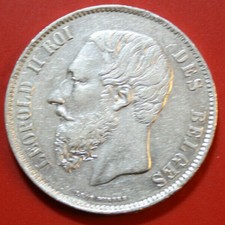 Belgique-Belgium 5 Francs 1869 Argent KM# 24 Léopold II, F# 2859 VZ-XF