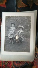 antique large original photo albuminated circa 1880 girls horse wood toy