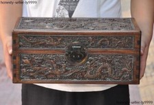 China Boxwood Carved Dragon Phoenix Bird Statue Treasure Chest Storage Boxes Box
