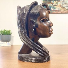 Sublime African Ebony Sculpture - Female Bust with Braids Hairstyle - Art