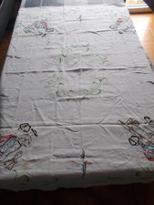 Ancien Nappe lin blanc Brodée