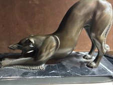 Art Deco Bronze Statue On Marble Crouching Greyhound Asian Lines Signed CARVIN