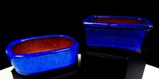 Tokoname Ware Japanese Pottery Blue Flambe Glaze 2Pc Small 3 1/4" Bonzai Pots