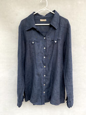 ☘️ Womens Talia Benson 100% Linen Long Sleeve Shirt Blouse Top Navy Blue Size L