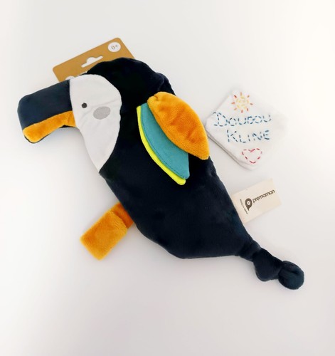 Doudou plat toucan oiseau bleu - plat, toucan/oiseau