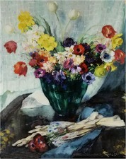 Oil painting Fernand Toussaint - vase de fleurs et rideau blanc flowers in vase