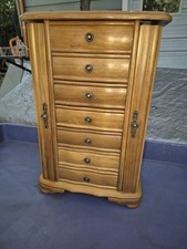 Vintage 15” Tall Wood Jewelry Armoire W Mirror 6 Drawer Velvet Lining Hooks Ring