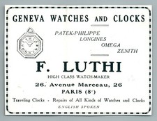 1926 LUTHI WATCHMAKER PATEK LONGINES OMEGA SWISS WATCHES ANTIQUE WATCH ADVERTISE