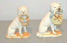 2 Antique German Porcelain Animal Figures Dog Carrying Basket