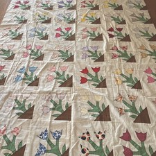 Vtg Hand Stitched 42 Appliqué Tulip Quilt Top Feedsack 68 x 78”