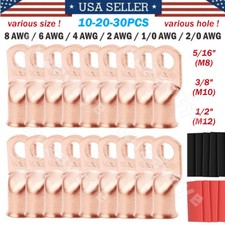 10/30Pcs Copper Battery Lugs Ring Terminals Cable Ends 1/0,2 AWG Wire Connectors