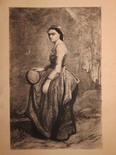 d'ap. Camille J.B COROT (1796-1875) EAU FORTE FEMME TAMBOURIN ITALIE MUSIQUE
