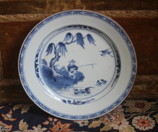 Rare China India Company 18th Century Blue White Porcelain Fisherman's Plate