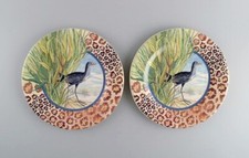 Gien, France. Deux assiettes en porcelaine Savane avec oiseaux exotiques pein...