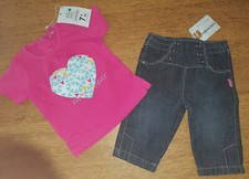 ENSEMBLE 2 PIECES  PANTALON JEAN ET t-shirt rose coeur bébé FILLE 6 MOIS NEUF