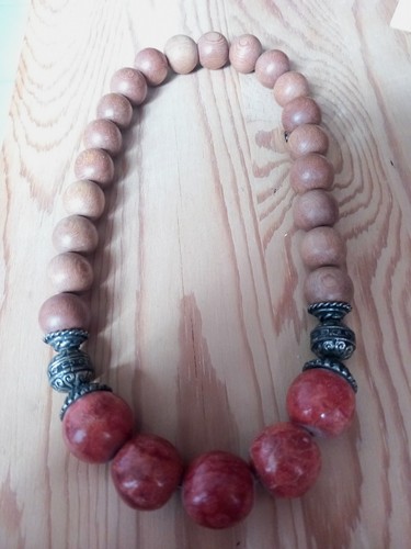 Collier perles bois corail - bois/corail,