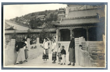 China, Chinese family standing in the front of a Temple  Vintage silver print 