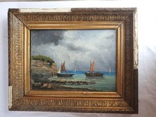 PEINTURE HUILE MARINE - PAYSAGE DE MER ANIME SIGNE P.H. BATEAUX/VOILIERS