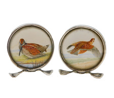 Edwardian Pair of Sterling Silver Grouse & Snipe Watercolour Place Settings