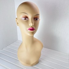 Vtg Mannequin Woman Wig Hat Display Stand - Head Bust - Bald - Painted - 17"