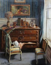 Tableau scène intérieur Edith VAUCAMPS peintre belge Maubeuge commode Etaples
