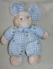 NOUNOURS DOUDOU PELUCHE SOURIS VINTAGE BEIGE CARREAUX BLEU BLANC FLEUR COEURTTBE