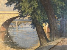 Belle Peinture 1950 Ville Pont