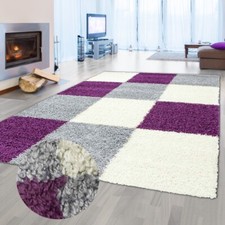 Tapis shaggy moelleux à poils longs avec motif à carreaux violet g