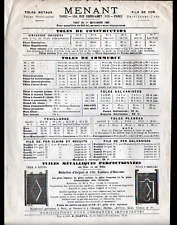 PARIS (XI°) TOLES & TILES Metalliques "MENANT" Tract Tarif in 1881
