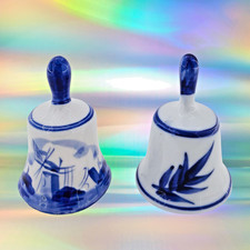Pair Delft Blue Style Porcelain Bells Windmill & Leaf Design Taiwan & Holland