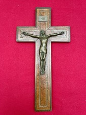 Crucifix ancien bois marqueté Christ en bronze 30cm religieux décor XXe