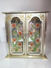 vintage Metal jewelry armoire mirrored back glass doors Etched floral detail