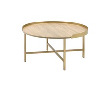 Table Basse Ronde En Bois Manufacturé Et Métal Doré Et Chêne 34"