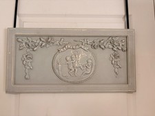 Panneau Bois Patine Bleu Blanc Plumeau Trumeau Ange Angelot Chérubin Rose Fleurs