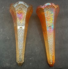 PAIR OF WONDERFUL VINTAGE CARNIVAL JEANETTE CRACKLE CAR VASE IN MARIGOLD